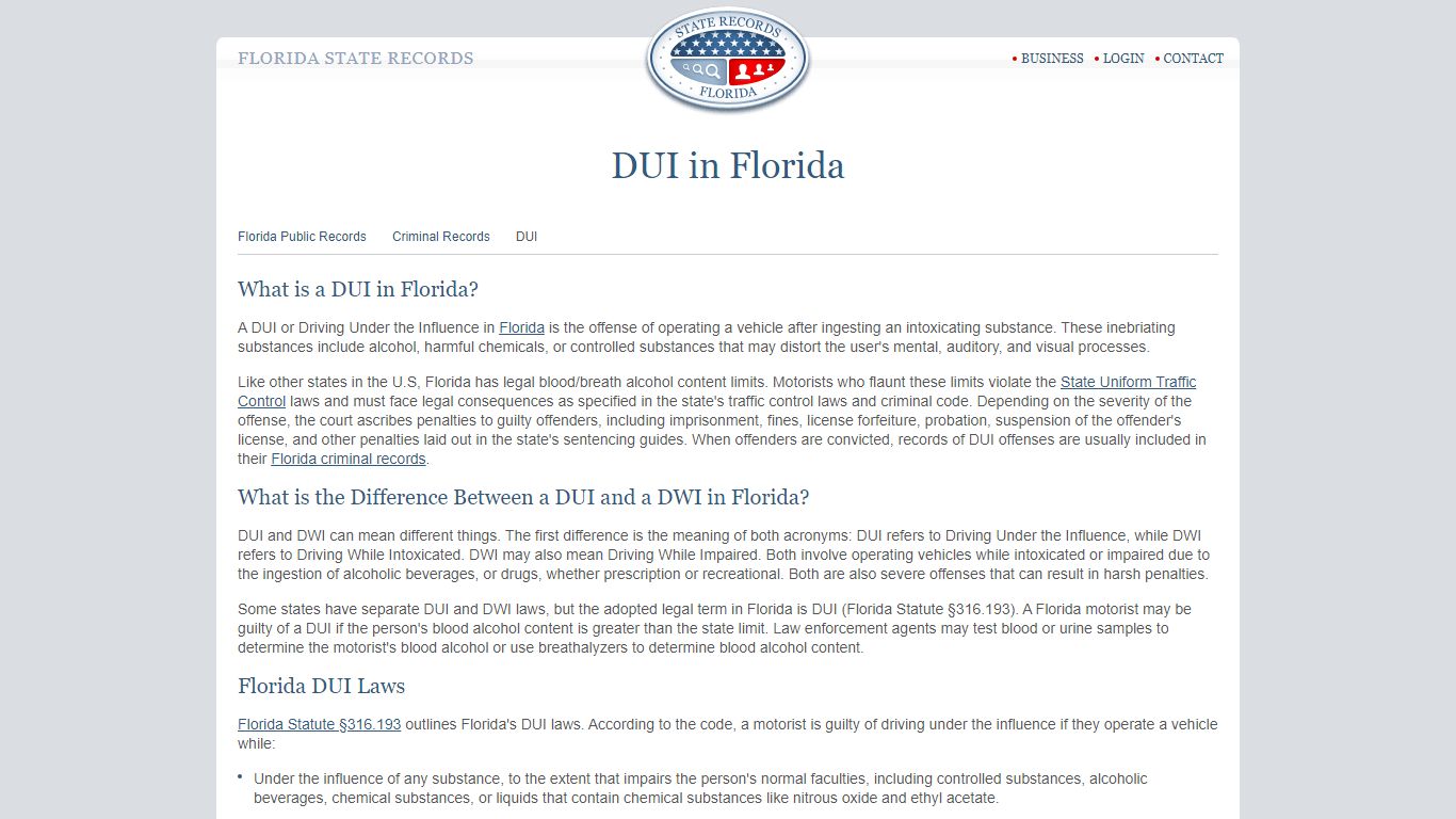 DUI in Florida | StateRecords.org