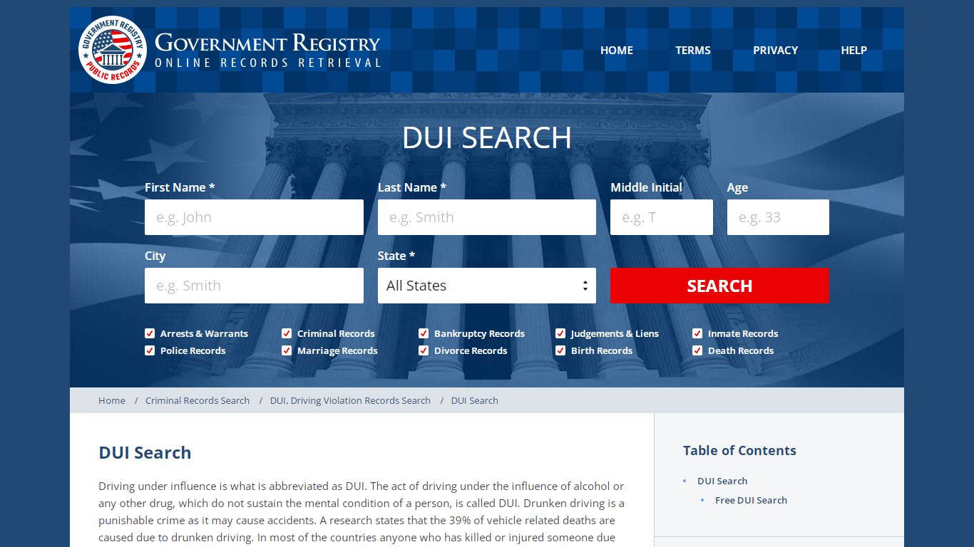 DUI Search | Free DUI Search | GovernmentRegistry.org